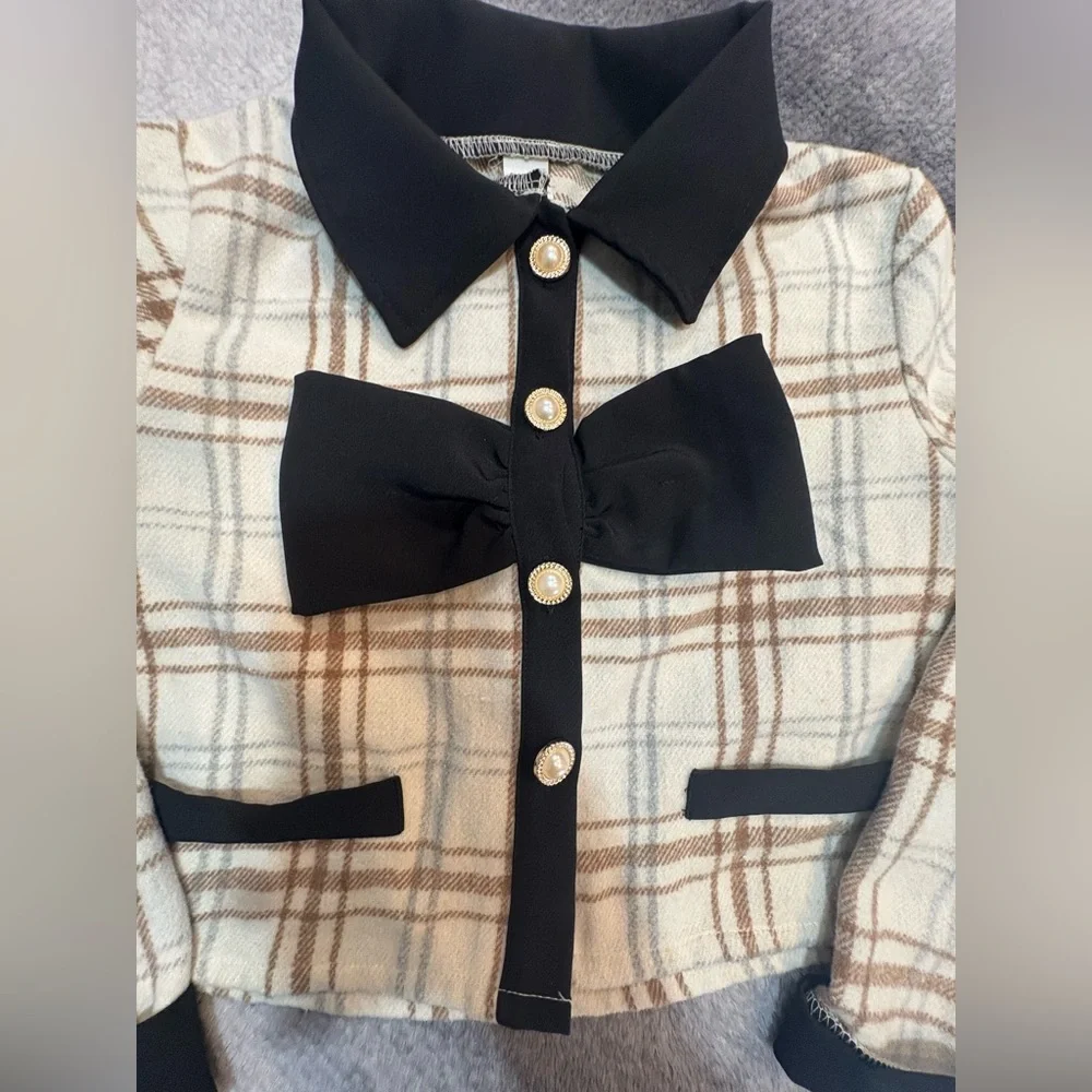 (B3) SHEIN Girls Cream Black Plaid Bow Statement Jacket Top 8Y - Picture 6 of 10